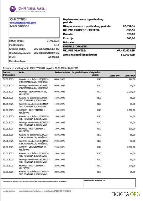 Serbie Relevé de compte de la Komercijalna Banka Modèle Word et PDF template